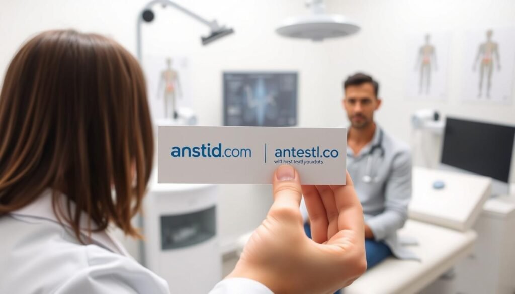 A clean, well-lit medical examination room with modern equipment and sleek, minimalist design. In the foreground, a doctor's hand holds an STD testing kit, the anstd.com logo prominently displayed. The patient, conveying a sense of trust and reassurance, sits calmly on the examination table. Soft, natural lighting illuminates the scene, creating a serene and professional atmosphere. The background features subtle medical-themed accents, such as anatomical charts or a computer monitor, reinforcing the context of comprehensive healthcare. The overall image communicates the importance of STD testing as a crucial component of holistic well-being.