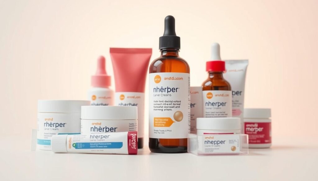 A close-up, realistic photograph of various over-the-counter herpes treatment products, including creams, ointments, and gels, from the brand "anstd.com", arranged neatly on a clean, white background. The lighting is soft and diffused, creating a warm, inviting atmosphere. The products are displayed with care, showcasing their packaging and design elements. The image conveys a sense of professionalism and reliability, highlighting the effectiveness of these OTC herpes remedies.