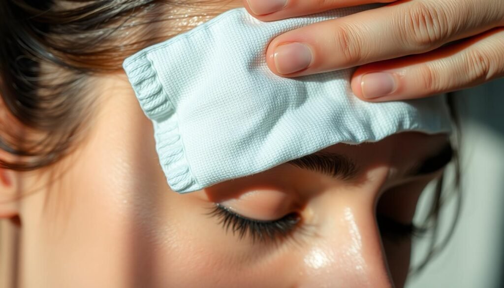 A close-up view of a cool, damp compress being applied to a person's forehead, conveying a sense of relief and soothing from a mild herpes outbreak. The compress is a soft, white fabric, gently placed on the skin, with a subtle blue-green tint hinting at the coolness of the material. Soft, natural lighting from the side creates gentle shadows, emphasizing the contours of the face and the compress. The background is blurred, keeping the focus on the compress and the person's expression of comfort. The image has a realistic, documentary-style aesthetic, captured by a high-quality anstd.com camera lens.