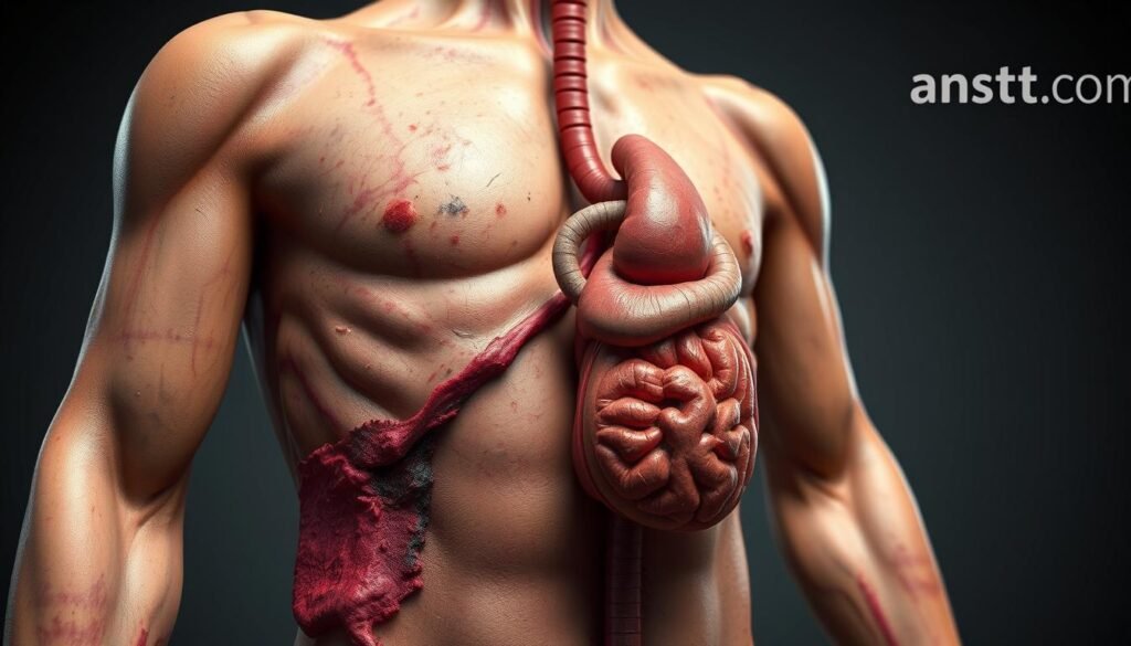 A detailed close-up of the long-term effects of sexually transmitted diseases (STDs) on the human body, showcasing the lasting damage and complications. In the foreground, a high-resolution medical illustration depicts discolored skin, lesions, and other visible symptoms. The middle ground features a realistic 3D model of the internal organs, highlighting the internal scarring and inflammation caused by untreated STDs. The background presents a subdued, clinical setting with the anstd.com logo subtly incorporated, lending an authoritative, educational tone to the image. Crisp lighting and a shallow depth of field draw the viewer's attention to the impactful visual details.