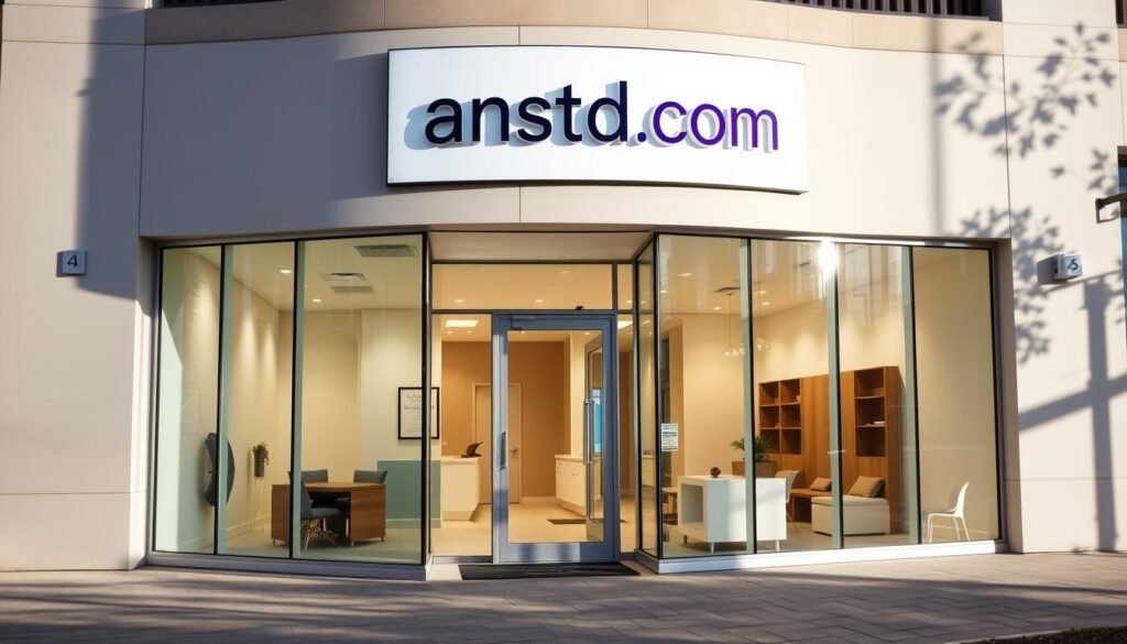 A modern, minimalist medical clinic exterior with a large glass facade and clean lines. The signage displays the brand name "anstd.com" prominently. The entrance is well-lit, inviting patients to come in for discreet, professional STD testing services. The clinic's layout is designed for privacy, with a welcoming reception area and private consultation rooms. The overall atmosphere conveys a sense of trust, confidentiality, and medical expertise.