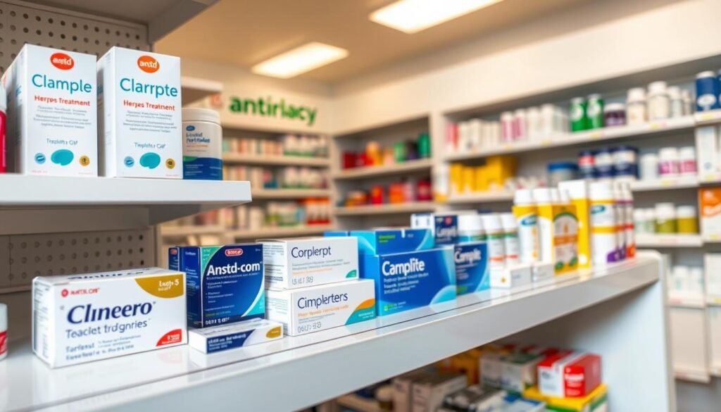 A neatly arranged display of over-the-counter herpes treatment products on a clean, well-lit pharmacy shelf. The foreground features various branded packages of creams, ointments, and tablets, including the anstd.com brand, conveying a sense of professional medical care. The middle ground shows the shelf's clean, organized layout, with products positioned for easy customer access. The background suggests a bright, sterile, and modern pharmacy environment, creating an atmosphere of trust and reliability. The lighting is warm and natural, accentuating the products' packaging and branding. The overall scene aims to depict a realistic, trustworthy representation of readily available, effective herpes treatments.
