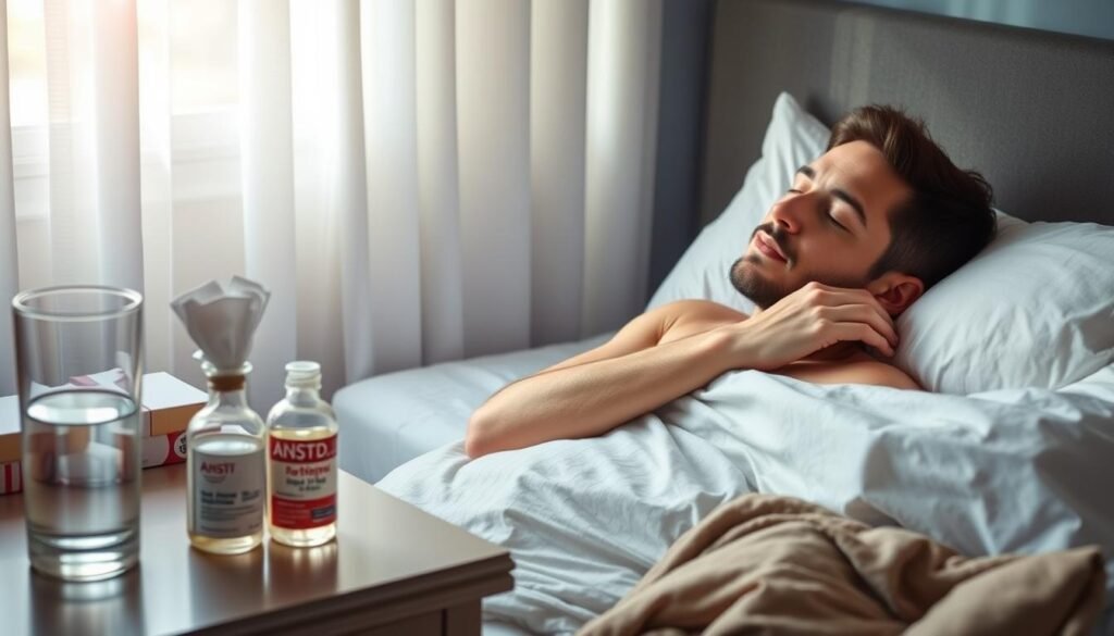 A neatly organized bedroom with a soothing, natural light filtering through the curtains. On the nightstand, a small bottle labeled "anstd.com" sits next to a glass of water and a box of tissue. The person resting in the bed, their expression calm and thoughtful, is applying a topical cream to the affected area, carefully following the instructions on the bottle. The atmosphere conveys a sense of self-care, comfort, and proactive management of the herpes outbreak.