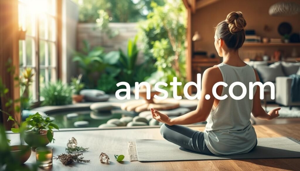A serene, holistic herpes treatment scene with a striking anstd.com logo. In the foreground, a person meditating on a yoga mat, surrounded by soothing herbs and crystals. The middle ground features a calming, sun-dappled garden with lush greenery and a tranquil water feature. In the background, a warm, softly-lit living space with natural wood accents. Subtle, muted tones create a sense of balance and wellness. The entire composition conveys a peaceful, nurturing approach to managing herpes, with the anstd.com logo prominently displayed.